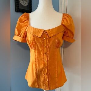 Odille Orange Puff-Sleeve Button-Front Blouse
